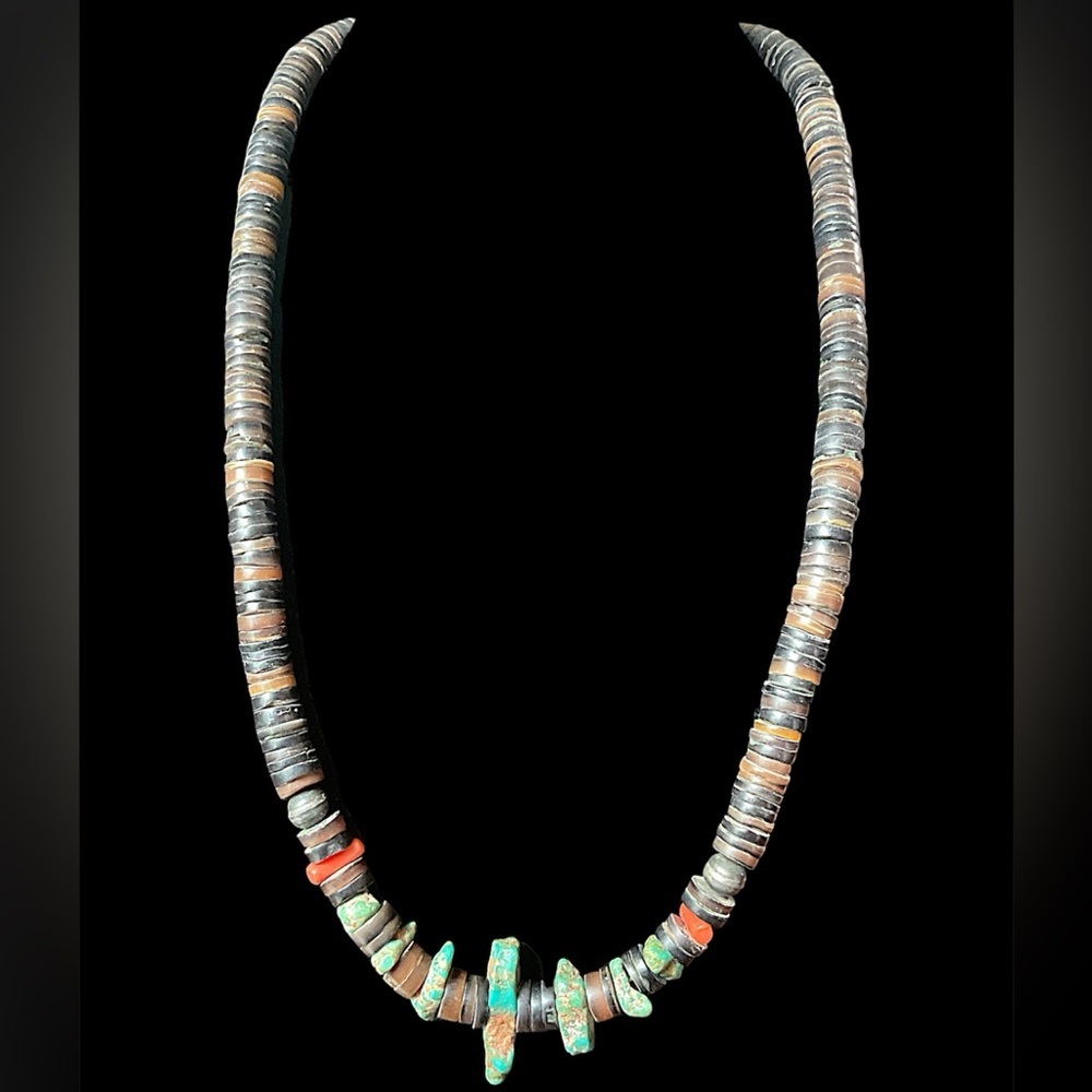 Vintage Long Turquoise Red Coral Coconut Shell Heishi Bead Necklace 22”